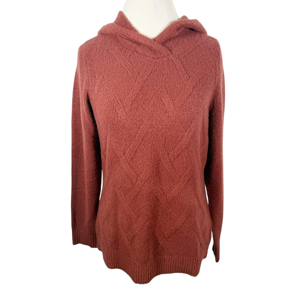Coldwater Creek Rust Brown Cable Knit Hoodie Sweater Soft Relaxed Chic size XS